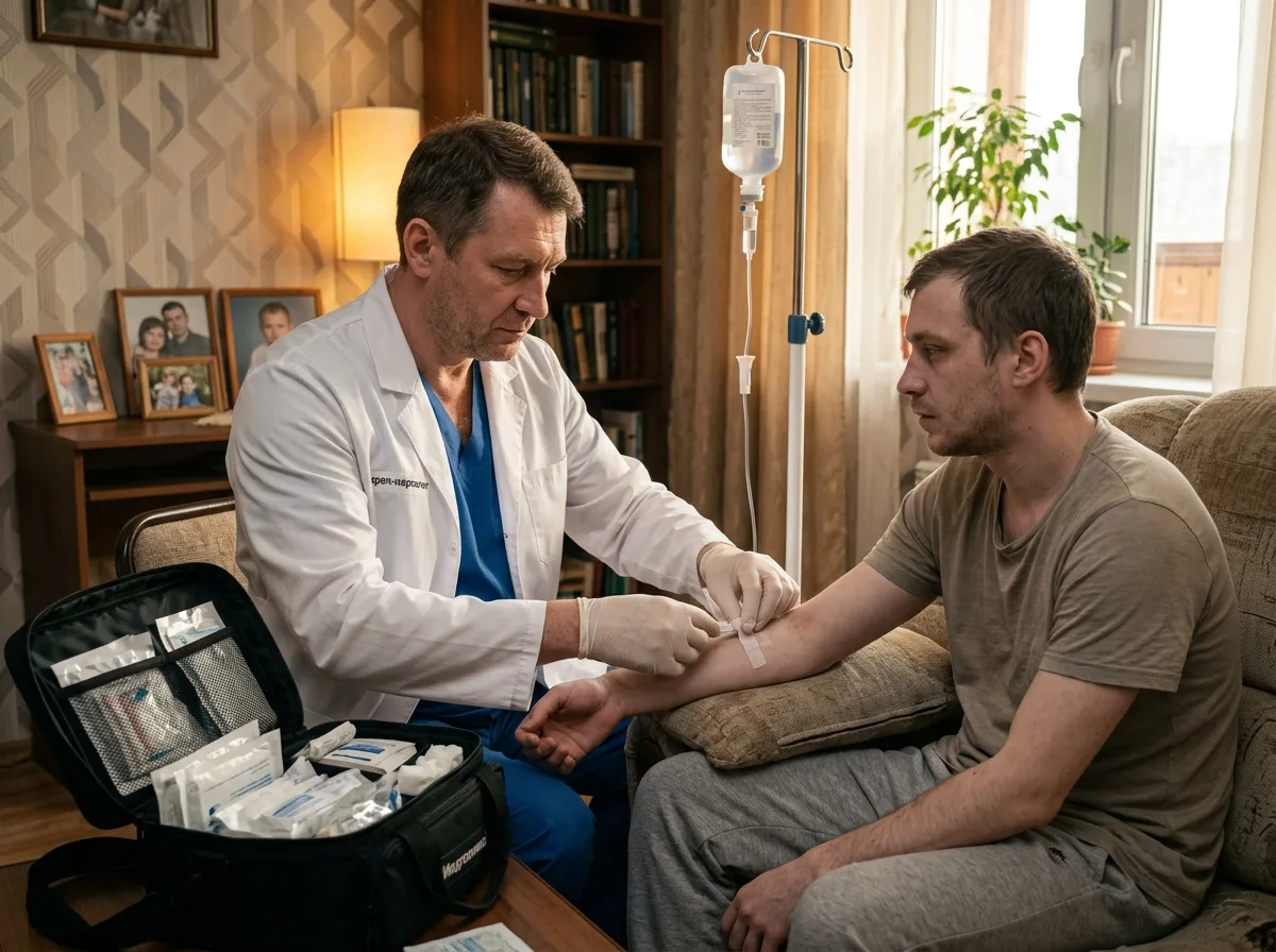 Врач-нарколог в белом халате приехал на дом к пациенту в Краснодаре, устанавливает капельницу, профессиональная обстановка, уверенный вид специалиста, тёплое освещение