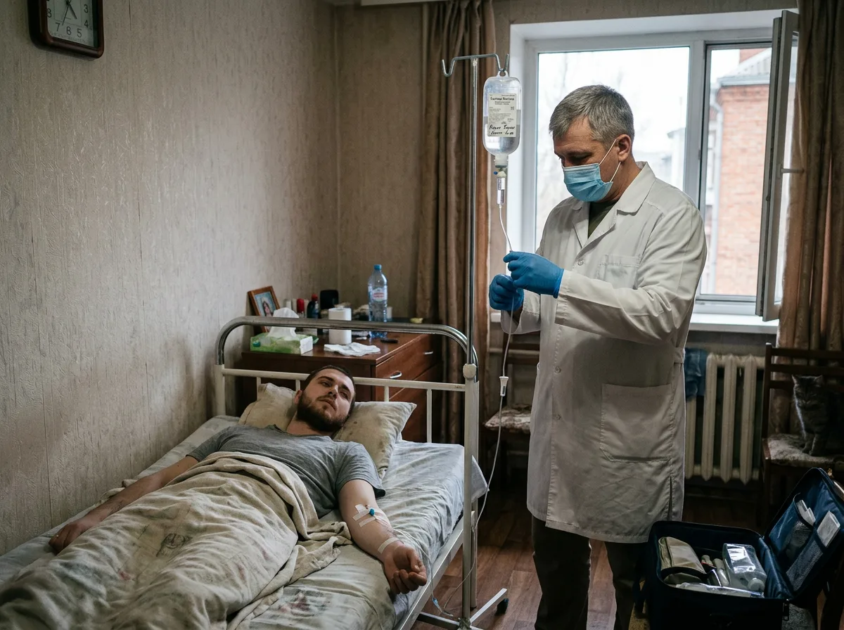Нарколог проводит детоксикацию от наркотиков на дому у зависимого пациента в Краснодаре, медицинская процедура инфузионной терапии