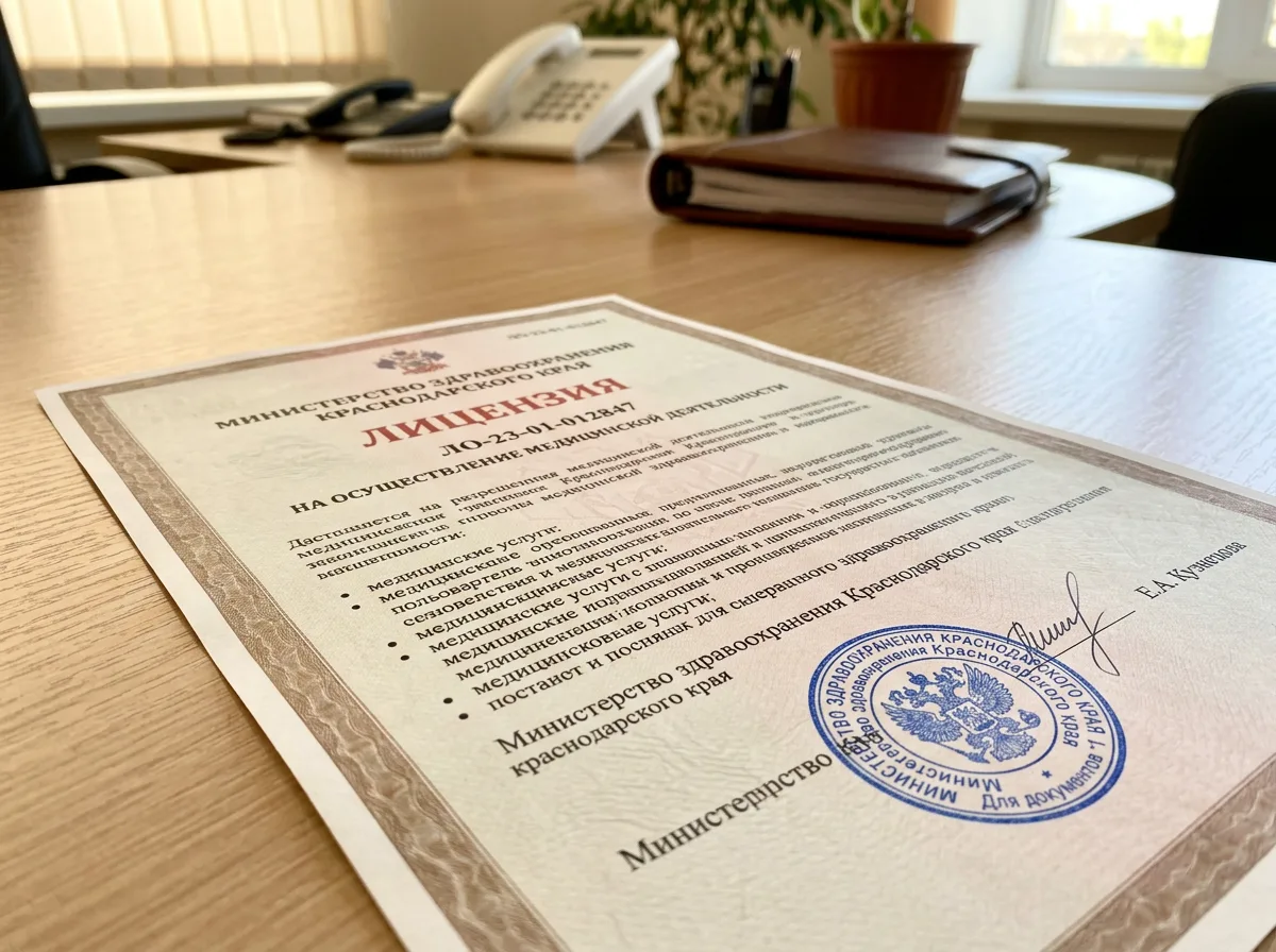 Лицензия на осуществление медицинской деятельности ЛО-23-01-012847, выданная Министерством здравоохранения Краснодарского края, официальный документ с печатью