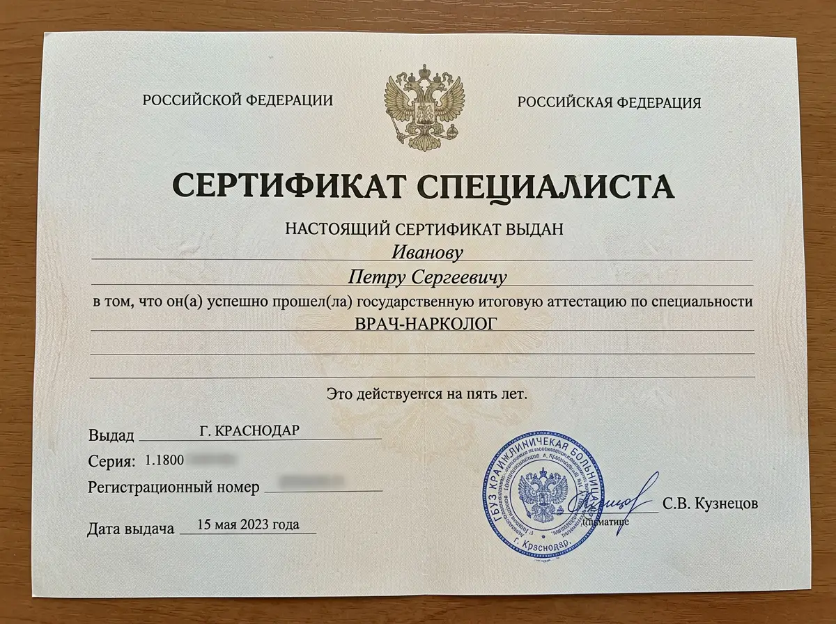 Сертификат специалиста врача-нарколога с подписью и печатью учреждения, документ государственного образца, Краснодар