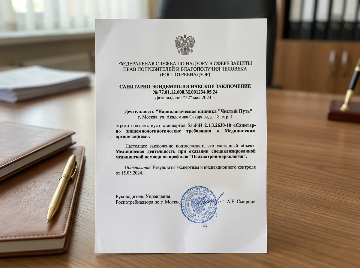 Сертификат соответствия санитарным нормам СанПиН для наркологической клиники, документ Роспотребнадзора с печатью